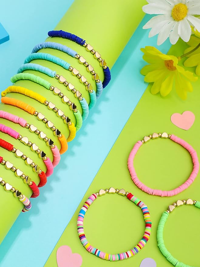 Sureio 24 Pcs Valentines Friendship Bracelets for Kids Colorful Heart Surfer Bracelets Stackable Stretch Beaded Jewelry for Girls Women Valentine's Gifts Birthday Party Favors