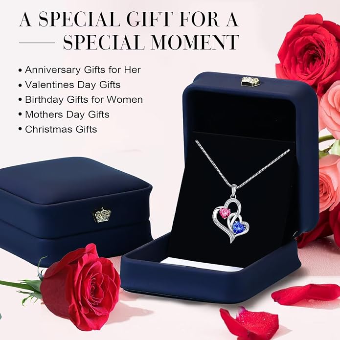 Iefil Valentines Day Gifts for Her - 925 Sterling Silver Double Birthstone Necklace, Heart Necklaces for Women, Anniversary Birthday Gifts, Personalized Jewelry Gift for Wife Mom Girlfriend