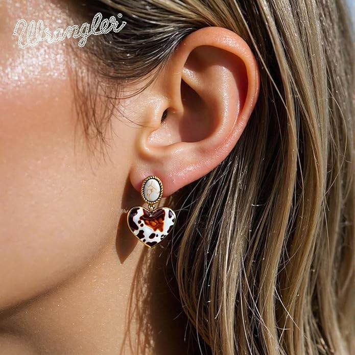 Wrangler Western Heart Drop Dangle Earrings for Women Statement 14k Gold Turquoise Cow Print Cowgirl Trendy Jewelry