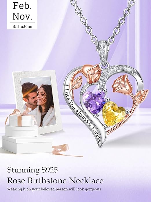 Valentine's Day Gifts for Wife 925 Sterling Silver Double Birthstone Pendant Necklaces I Love You for Always and Forever Necklace Anniversary Birthday Gifts for Wife Girlfriend Mom Her