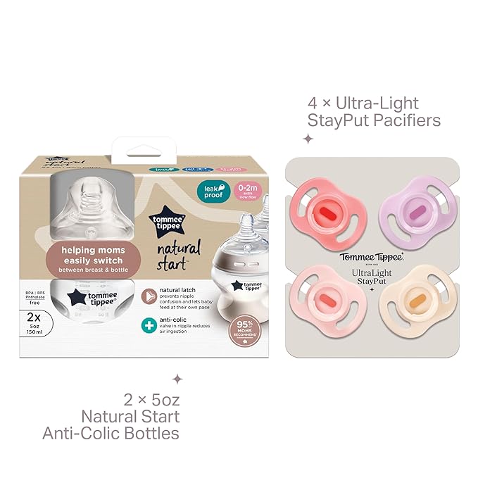 Tommee Tippee Ultra-Light StayPut Pacifier, 0-6m, 4 Pack, Pink & Natural Start Anti-Colic 5 oz BPA Free Newborn Baby Bottles, Designed for Seamless Transition Between Bottle and Breast, Pack of 2