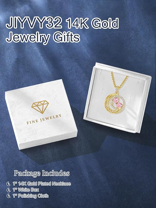 14K Gold Moon and Star Necklace Gifts for Women - Double Heart Birthstone Necklace, Valentines Wedding Anniversary Birthday Gifts for Her Wife Mom Daughter Grandma Sister