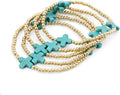 Gold Plated Beaded Bracelets for Women Trendy, 14K Gold Plated Stack Cross Pearl Gold Plated Bead Stretch Bracelets Set Elastic Hypoallergenic Bracelets Jewelry Gifts