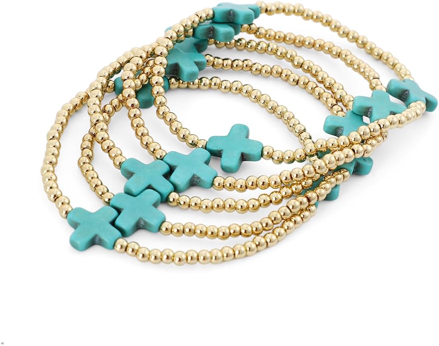 Gold Plated Beaded Bracelets for Women Trendy, 14K Gold Plated Stack Cross Pearl Gold Plated Bead Stretch Bracelets Set Elastic Hypoallergenic Bracelets Jewelry Gifts