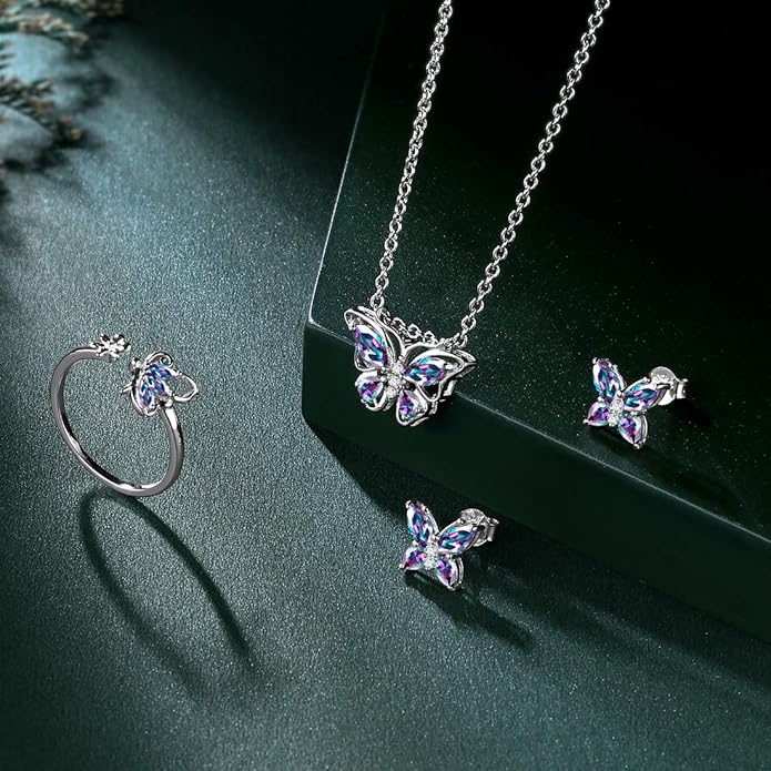 925 Sterling Silver Birthstone Butterfly Jewelry Women Crystal Animal Cute Butterflies Birthday Necklace/Earring/Ring/Bracelet Sets Birth Stone Statement Anniversary Jewellery