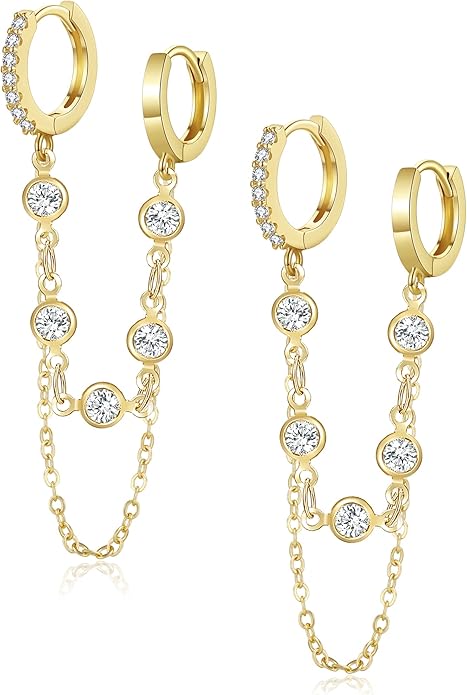 Tassel Chain Small Gold Hoop Dangle Earring For Women Huggie Earring Heart Star CZ 14K Gold Plated Fashion Jewelry Friendship Gift