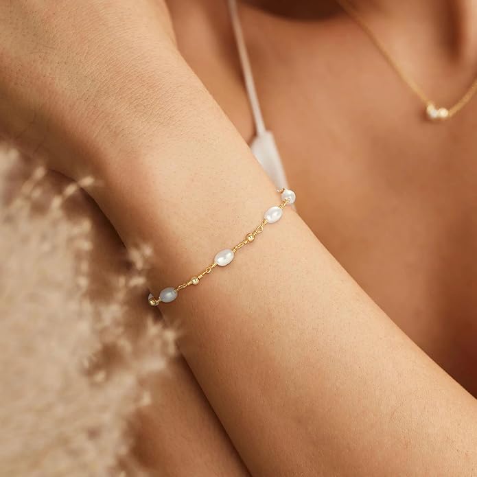 SLOONG Valentines Day Gifts for Her Gold Pearl Bracelets, 18K Real Gold Plated Dainty Stackable Snake Chain CZ Heart Pendant Bracelets, Layered Waterproof Jewelry Gift for Women Adjustable 6"+2"