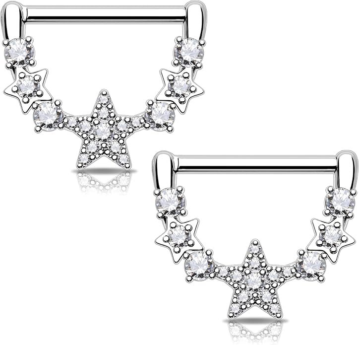 Melighting 14G Star Nipple Rings Steel 316L Nipple Piercing Jewelry Clear CZ Nipple Bars Clicker Nipple Barbell For Women Men 14mm