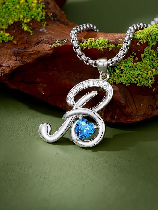 Valentines Day Gifts for Women Alphabet A to Z Initial Birthstone Pendant Necklaces for Women - 18k White Gold Plated Personalized Name Jewelry Valentine Mothers Day Birthday Gifts for Women Her Girlfriend