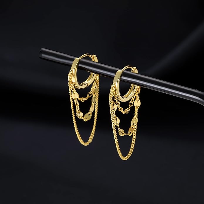 Reffeer Solid 925 Sterling Silver Chain Drop Earrings Hoop for Women Teens Hoop Earrings Tassel Chain Huggie Dangle Earrings