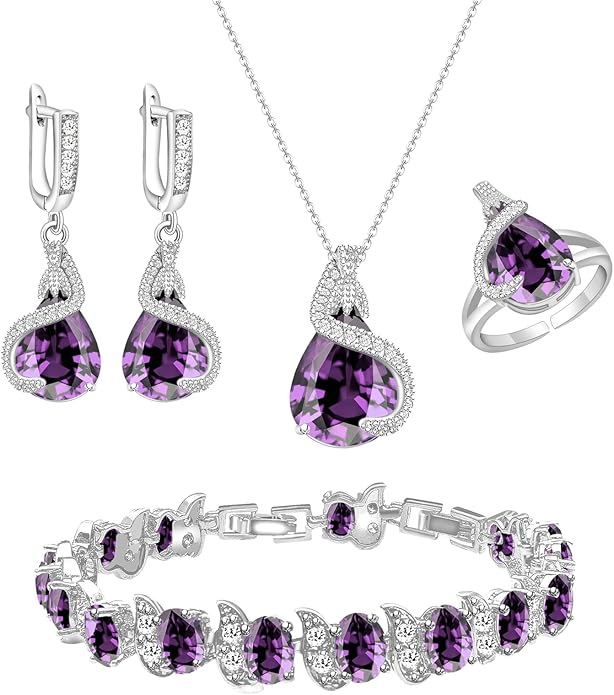 GZWHD Jewelry Set for Women Water Drop Cubic Zirconia Artificial Crystal Earrings Pendant Necklace Open Ring Tennis Bracelet Wedding Anniversary Birthday Engagement Gift for Bridesmaid Wife Girlfriend Friend