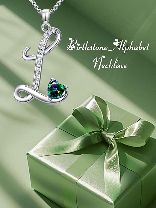 Valentines Day Gifts for Women Alphabet A to Z Initial Birthstone Pendant Necklaces for Women - 18k White Gold Plated Personalized Name Jewelry Valentine Mothers Day Birthday Gifts for Women Her Girlfriend