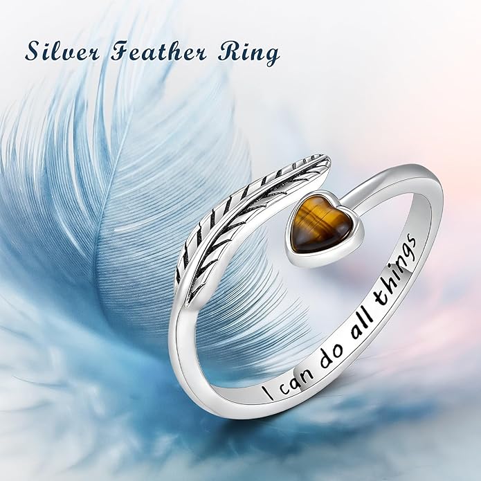 Turquoise/Moss Agate/Moonstone/Black Onyx/Lapis Lazuli/Labradorite/Tiger Eye Feather Ring 925 Sterling Silver Adjustable Ring Western Thumb Rings Vintage Jewelry Gifts for Women
