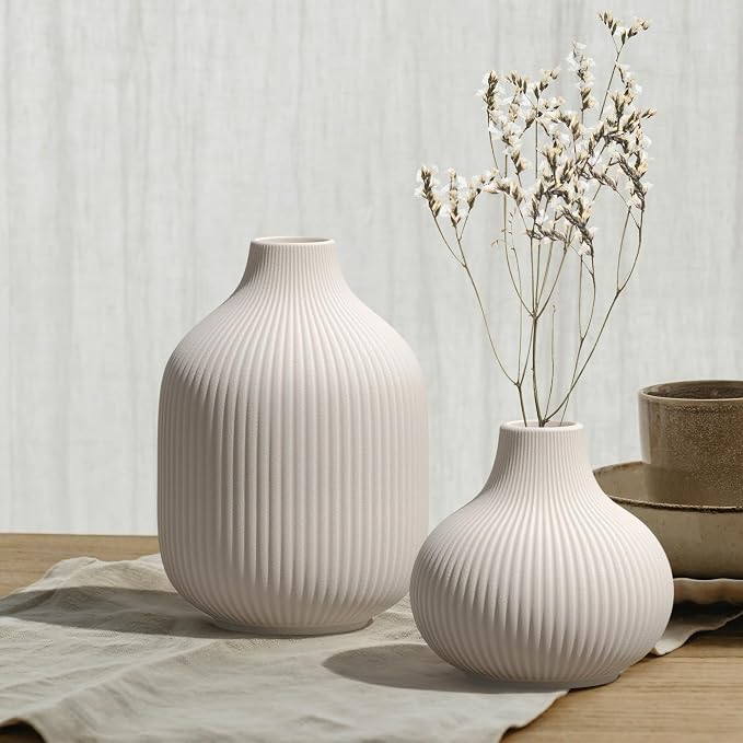 White Small Ceramic Vases Set of 3, Matte Vertical Ribbed, Minimalist - Image 9