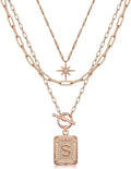 MJartoria Layered Initial Necklaces for Women Trendy, 14K Gold Plated Brass Simple Star Choker Square Letter Pendant Necklace, Paperclip Chain Necklaces Jewelry Gifts