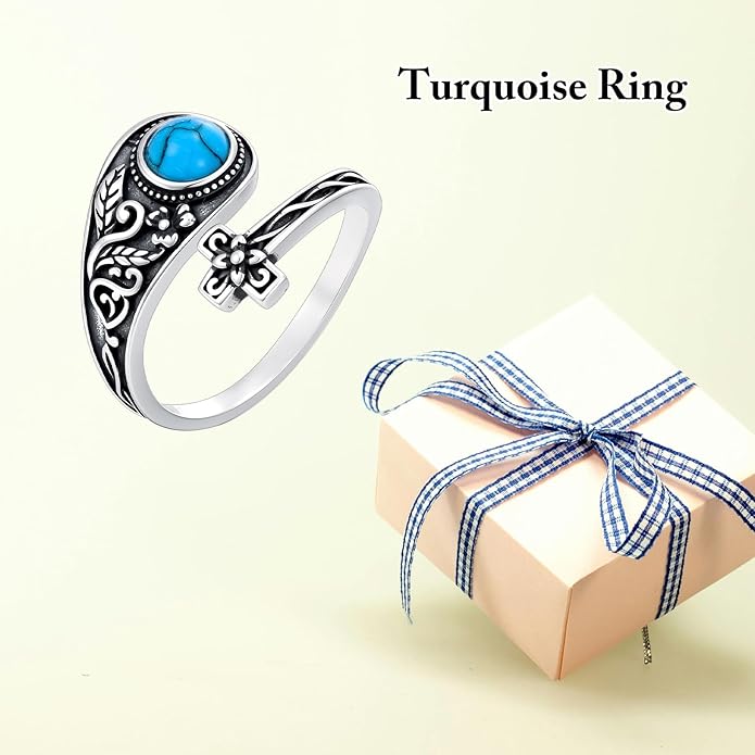 PELOVNY Spoon Rings for Women 925 Sterling Silver Vintage Cross Tree of Life Turquoise Adjustable Thumb Rings Jewelry Gifts for Women Men