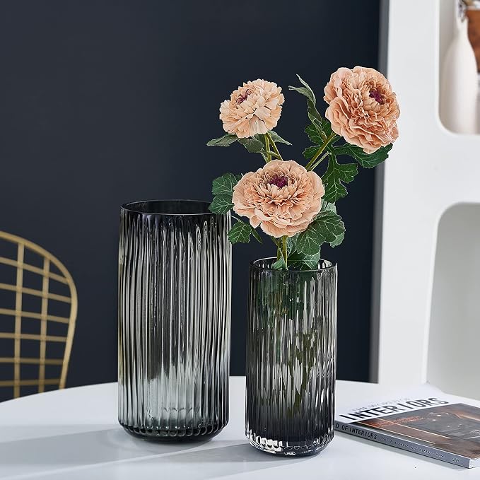 Flower Vase 7.5 inch Grey Thickened Hand Blow Glass Vase Round Vintage Striped - Image 4
