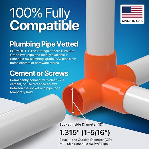 1” 4-Way Tee Furniture Grade PVC Fitting in Orange, Made in USA, UV-Resistant - Image 5