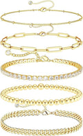 DEARMAY 14K Gold Plated Bracelets for Women, Jewelry Sets Cute Tennis Beaded Bracelets Cuban Link Paperclip Chain Dainty Bracelet Pack Gifts