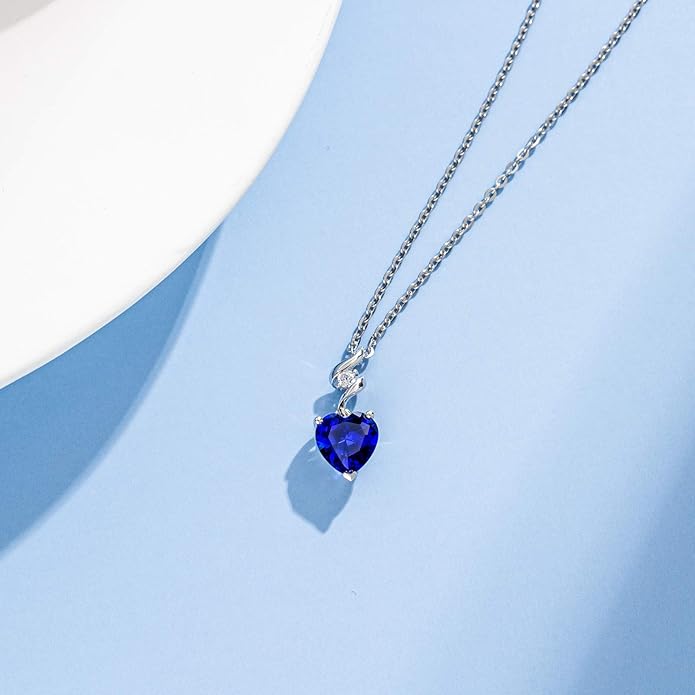 AGVANA Valentines Day Gifts 14K Solid White Gold Diamond Gemstone Pendant with Sterling Silver Chain 8mm Heart Birthstone Necklace Fine Jewelry Anniversary Birthday Gifts for Women Mom Wife