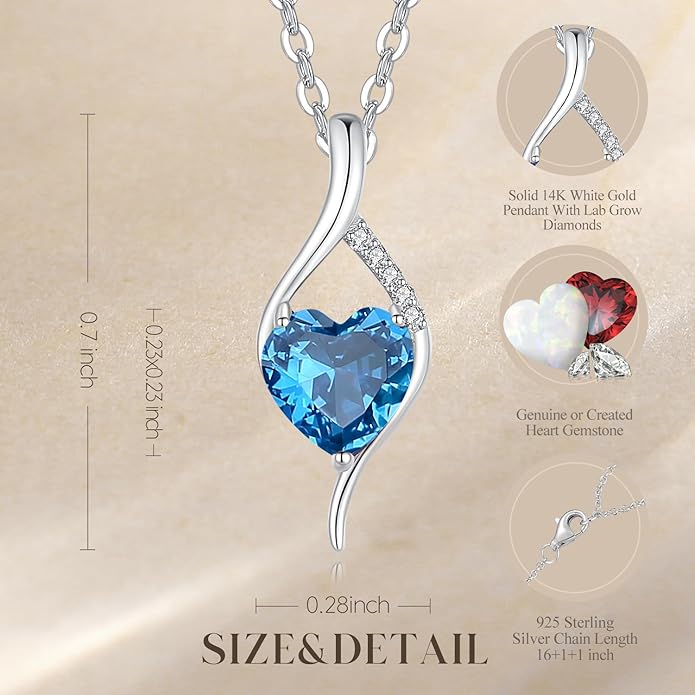 FANCIME 14K Solid White Gold Birthstone Necklace Genuine or Created 6mm Heart Gemstone Pendant with Lab Grow Diamonds Sterling Silver Chain Fine Jewelry Anniversary Birthday Gifts for Women 16" + 2"