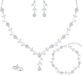4-Piece Wedding Jewelry Set for Women Platinum Plated Cubic Zirconia Teardrop Necklace Earrings Bracelet Adjustable Ring Bridal Bridesmaid Prom Accessories with Gift Box