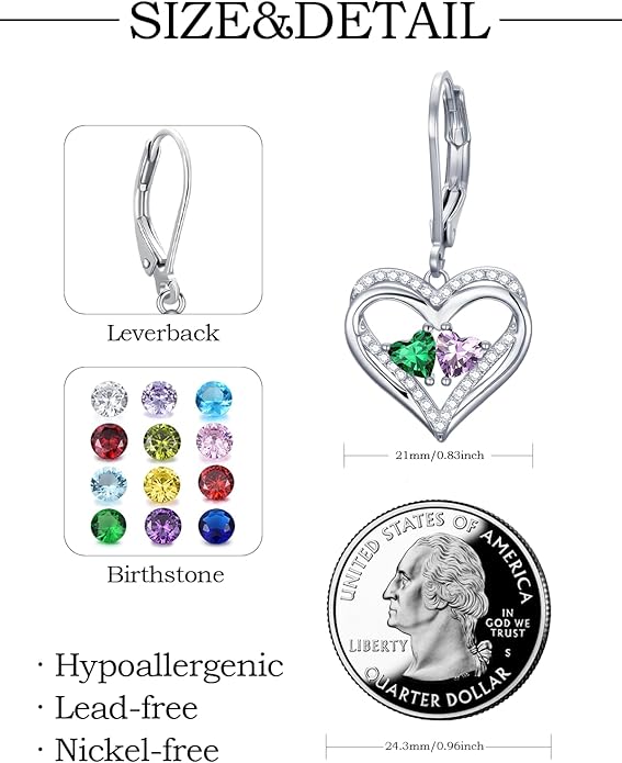 Valentines Day Gifts for Women, Heart Leverback Earrings Double Birthstone Dangle Earrings for Women, Love Jewelry for Her, Anniversary Birthday Gift for Mom Wife Girlfriend