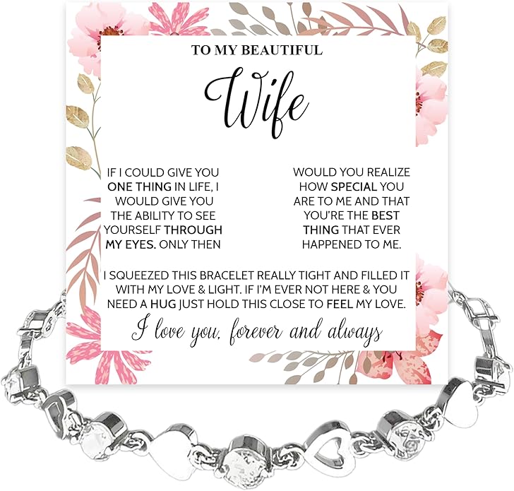 “To My Wife Heart Bracelet – Crystal Heart Link Jewelry Gift with Message Card”.