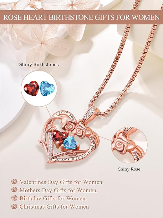Rose Heart Necklaces for Women, Rose Gold Forever Love Jewelry with 2 Birthstones Pendant,Valentines Anniversarry Birthday Gifts for Her Wife Mom Grandma Daughter, 18+2 Inch Chain