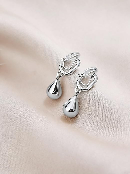 FAN&LOUIS Sliver Teardrop Clip On Earrings for Women，Non-Pierced Trendy Statement Dangle Water Drop Women's Hypoallergenic Clip-On Earrings