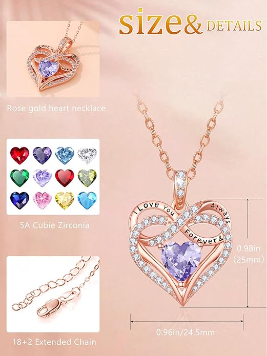 Infinity Rose Gold Valentines Heart Birthstone Necklace for Women,I Love You Always and Forever Jewelry,Valentines Anniversary Birthday Gifts for Her Wife Mom Grandma Daughter