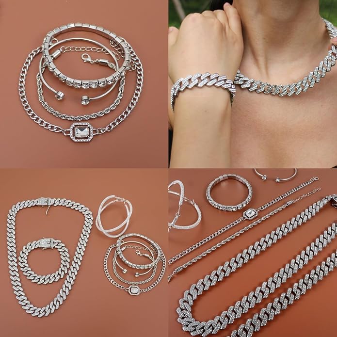 Hip Hop Cuban chain full Diamond necklace Rhinestone bracelet bracelet Gold and Silver women's Jewelry Women's earrings bracelet sets