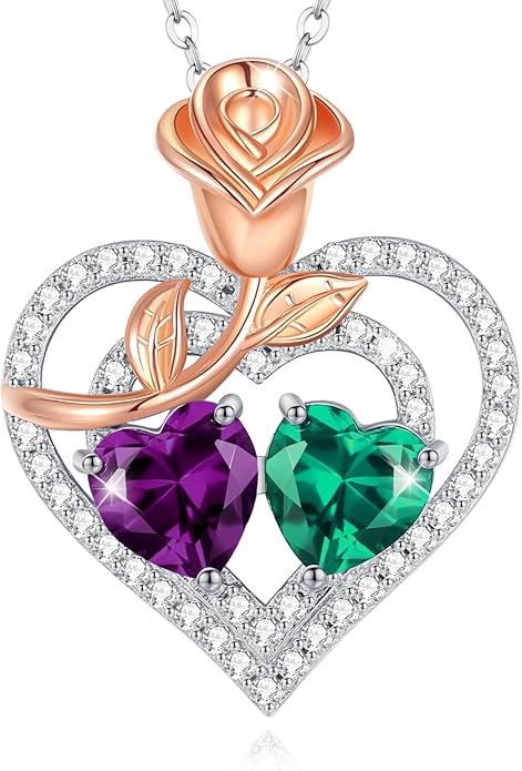 AGVANA Valentines Day Gifts Birthstone Necklace for Women Sterling Silver Rose Flower Heart Double Birthstone Jewelry Pendant Necklace Anniversary Birthday Gifts for Women Mom Wife Girlfriend Her