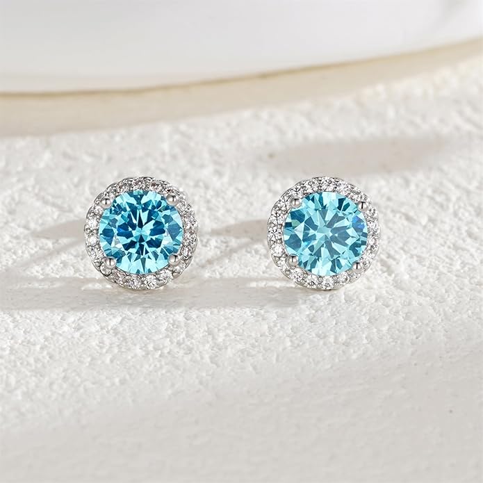 YOMELA Cubic Zirconia Earrings Studs, Halo CZ Birthstone Simulated Diamond Stud Earrings for Women