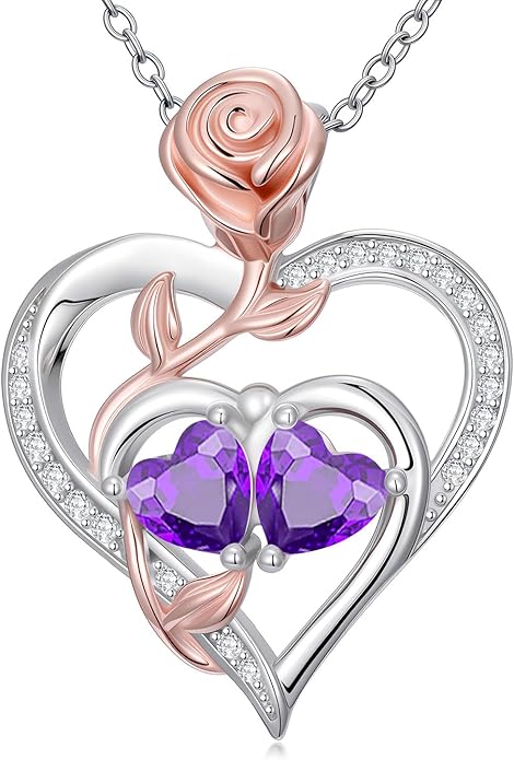 Rose Flower Heart Pendant for Women Birthday Gifts 18k Gold Plated Mother Daughter Necklace with 12 Months Birthstone Christmas Valentines Day Gifts for Her Mom Anniversarry Jewelry for Mom Wife Girlfriend