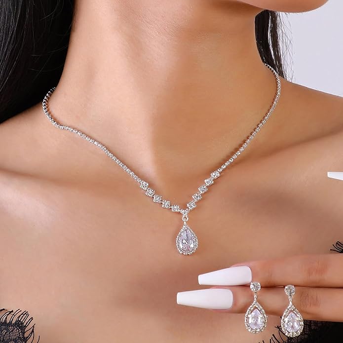 Silver Crystal Bridal Jewelry Set, Teardrop Dangle Earrings Rhinestone Necklace Bracelet for Bride Bridesmaid Crystal Bridal Wedding Party Jewelry Sets