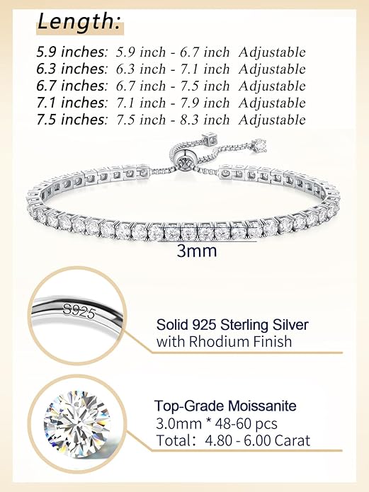 2mm/3mm Moissanite Adjustable Tennis Bracelet for Women, Authentic Solid 925 Sterling Silver, 5.5-7.5inch (14-19cm) with 2cm Extender Chain, Birthday Valentines Wedding Anniversary Ideal Gift for Her