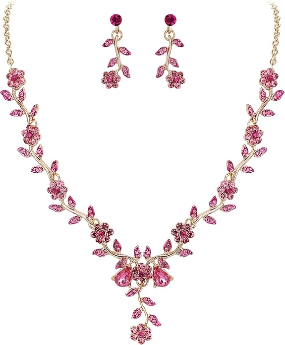 BriLove Women's Wedding Jewelry Leaf Cluster Flower Crystal Dangle Earrings Pendant Necklace Set for Bridal