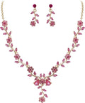 BriLove Women's Wedding Jewelry Leaf Cluster Flower Crystal Dangle Earrings Pendant Necklace Set for Bridal