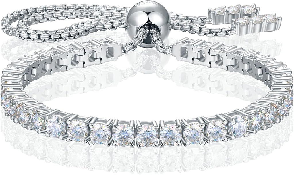 Moissanite Tennis Bracelet 1.79ct-8.69ct Adjustable Bracelet for Women 18K White Gold Plated S925 Sterling Silver Tennis Bracelet D Color VVS1 Round Cut 2/3/4mm Moissanite Bracelet Gifts for Wife/Mom