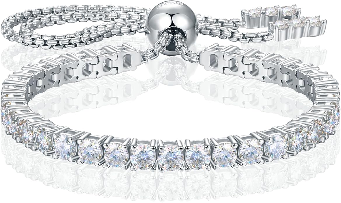 Moissanite Tennis Bracelet 1.79ct-8.69ct Adjustable Bracelet for Women 18K White Gold Plated S925 Sterling Silver Tennis Bracelet D Color VVS1 Round Cut 2/3/4mm Moissanite Bracelet Gifts for Wife/Mom