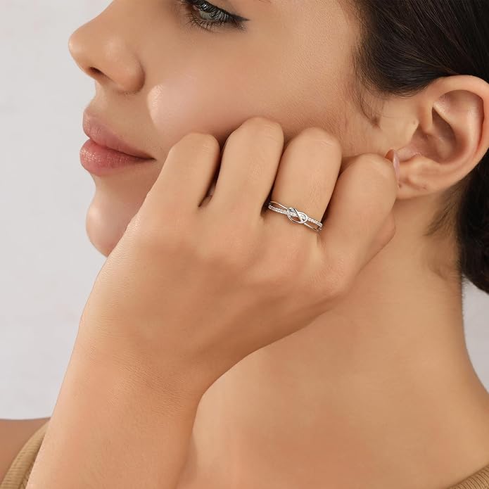 OOOPEL Sterling Silver Adjustable Ring S925 Silver Rings for Women Cubic Zirconia Twist Love Knot Dainty Ring Silver Minimalist Open Finger Rings Silver Thumb Sterling Silver Ring