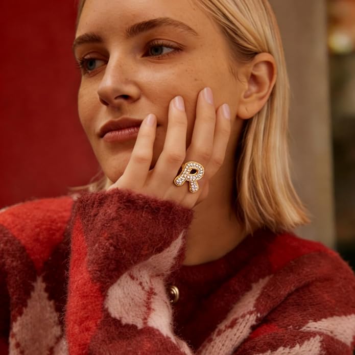 KissYan Bubble Initial Ring Valentines Day Gifts for Women, 14k Gold Plate Balloon Jumbo Letter Rings Open Adjustable Dainty Pave CZ Personalized Fashion Trendy Statement Jewelry