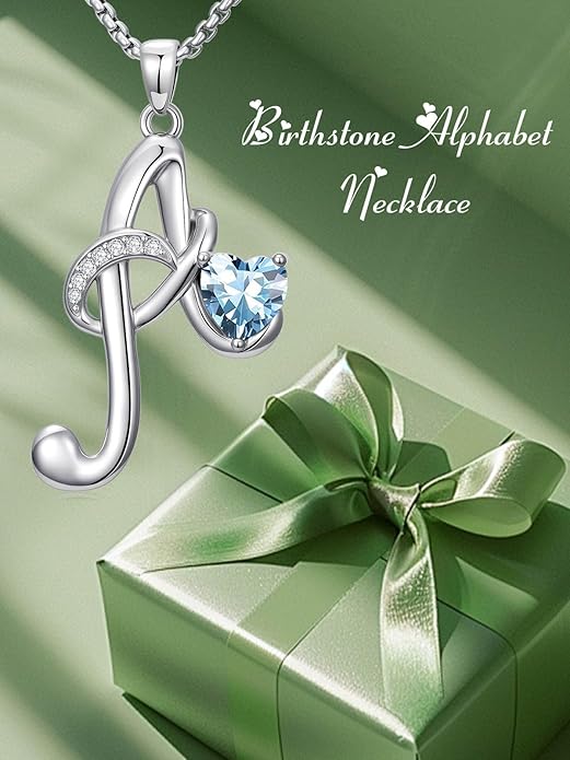 Valentines Day Gifts for Women Alphabet A to Z Initial Birthstone Pendant Necklaces for Women - 18k White Gold Plated Personalized Name Jewelry Valentine Mothers Day Birthday Gifts for Women Her Girlfriend