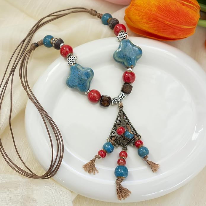 Boho Style Colorful Ceramic Bead Strand Necklace Adjustable Bohemian Jewelry Gift for Women, Fashion Clothing Matching Necklace