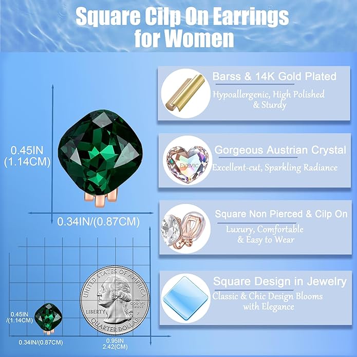 EVEVIC Austrian Crystal Square Cilp On Earrings for Women 14K Gold Plated Non Pierced for Sensitive Ears Jewelry Gifts for Anniversary