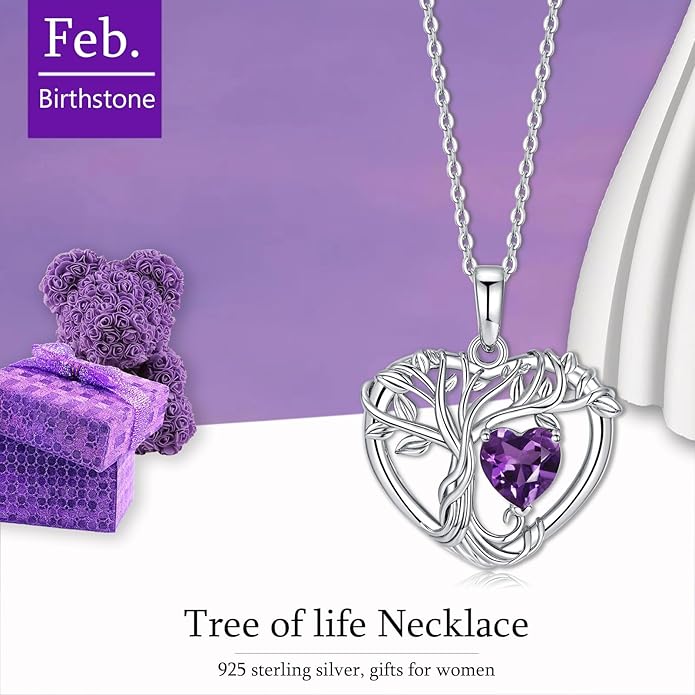 Tree of Life Necklaces for Women 925 Sterling Silver Heart Pendant Birthstone Necklace Created Gemstone Jewelry for Her, 18"+2"
