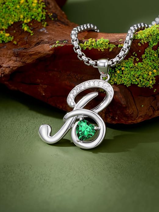 Valentines Day Gifts for Women Alphabet A to Z Initial Birthstone Pendant Necklaces for Women - 18k White Gold Plated Personalized Name Jewelry Valentine Mothers Day Birthday Gifts for Women Her Girlfriend