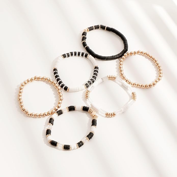 GOOJIDS Surfer Heishi Clay Bead Bracelets for Women Bohemian Stackable Gold Plated Beaded Stretch Bracelets Elastic Layering Friendship Bracelets Set Boho Jewelry