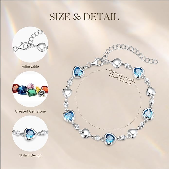 Carleen Birthstone Bracelets for Women 925 Sterling Silver Five Heart Station Created Gemstone Tennis Bracelet Jewelry Anniversary Birthday for Wife, 7"+1.2" Extender